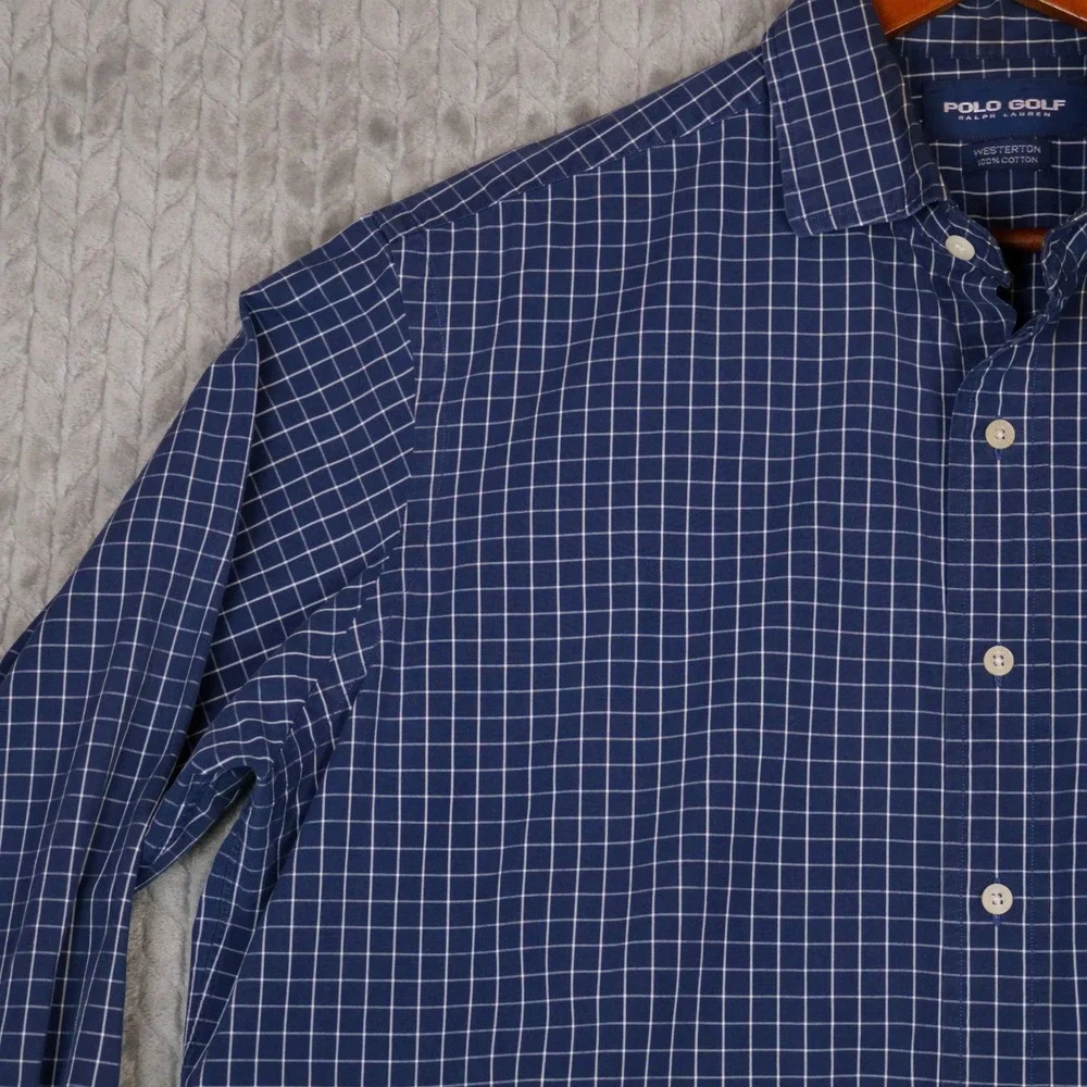 Polo Golf Ralph Lauren Shirt Mens L Blue Windowpane Check Westerton Cotton L/S